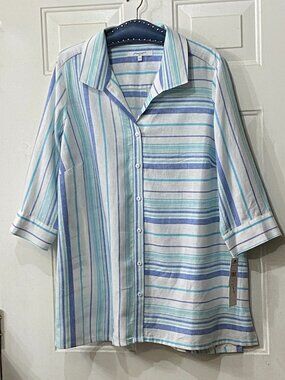 NWT Foxcroft Santino Sz 16W Tunic Button Up 3/4 Sleeve Linen Blend Multi Striped